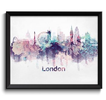 INSTANT DOWNLOAD London Skyline City Name England Europe Cityscape Art Print Poster Pink Purple Turquoise Blue Watercolor Painting