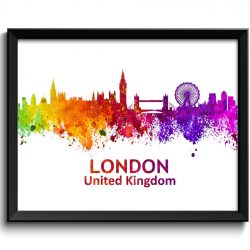 INSTANT DOWNLOAD London Skyline Colorful England City Watercolor Cityscape Poster Print Landscape Art Painting Red Purple Pink Yellow