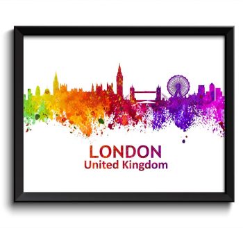 INSTANT DOWNLOAD London Skyline Colorful England City Watercolor Cityscape Poster Print Landscape Art Painting Red Purple Pink Yellow