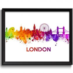 INSTANT DOWNLOAD London Skyline Colorful Rainbow England Watercolor Cityscape Poster Print Landscape Art Painting Red Purple Pink Yellow