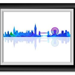 INSTANT DOWNLOAD London Skyline England City Sky Royal Blue Purple Green Watercolor Cityscape Poster Print Modern Landscape Art Painting