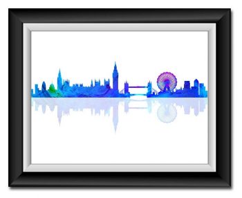 INSTANT DOWNLOAD London Skyline England City Sky Royal Blue Purple Green Watercolor Cityscape Poster Print Modern Landscape Art Painting