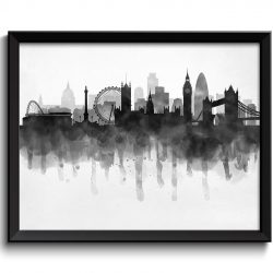 INSTANT DOWNLOAD London Skyline England Europe Cityscape Art Print Poster Black White Grey Watercolor Painting