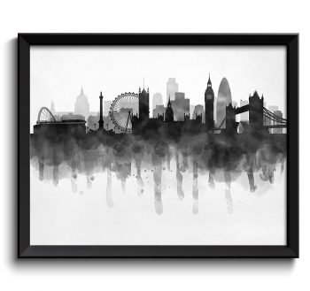 INSTANT DOWNLOAD London Skyline England Europe Cityscape Art Print Poster Black White Grey Watercolor Painting