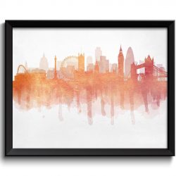 INSTANT DOWNLOAD London Skyline England Europe Cityscape Art Print Poster Pink Coral Peach Watercolor Painting