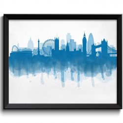 INSTANT DOWNLOAD London Skyline England Europe Cityscape Art Print Poster Turquoise Blue Watercolor Painting