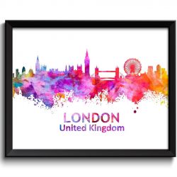 INSTANT DOWNLOAD London Skyline England Europe Cityscape Art Print Poster Yellow Red Pink Purple Watercolor Painting