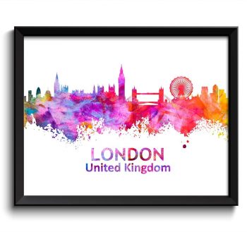 INSTANT DOWNLOAD London Skyline England Europe Cityscape Art Print Poster Yellow Red Pink Purple Watercolor Painting