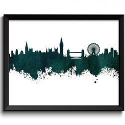 INSTANT DOWNLOAD London Skyline England UK City Deep Hunter Green Black Watercolor Cityscape Poster Print Landscape Art Painting