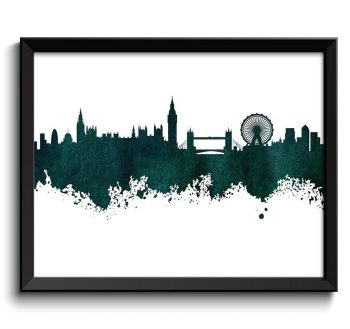 INSTANT DOWNLOAD London Skyline England UK City Deep Hunter Green Black Watercolor Cityscape Poster Print Landscape Art Painting