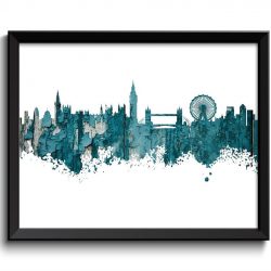 INSTANT DOWNLOAD London Skyline England UK City Teal Turquoise Blue Grey Watercolor Cityscape Poster Print Landscape Art Painting