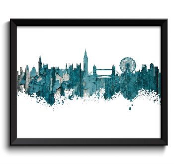 INSTANT DOWNLOAD London Skyline England UK City Teal Turquoise Blue Grey Watercolor Cityscape Poster Print Landscape Art Painting