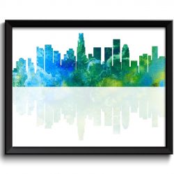 INSTANT DOWNLOAD Los Angeles Skyline California City Green Blue Watercolor Cityscape Poster Print Modern Abstract Landscape Art Painting