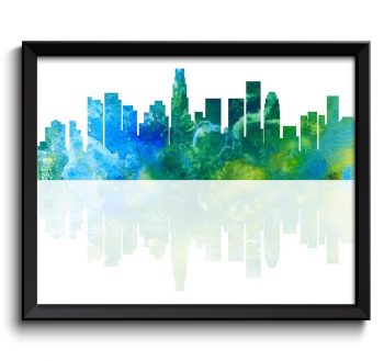 INSTANT DOWNLOAD Los Angeles Skyline California City Green Blue Watercolor Cityscape Poster Print Modern Abstract Landscape Art Painting