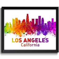 INSTANT DOWNLOAD Los Angeles Skyline California Colorful Watercolor Cityscape Poster Print Landscape Art Painting Red Purple Pink Yellow