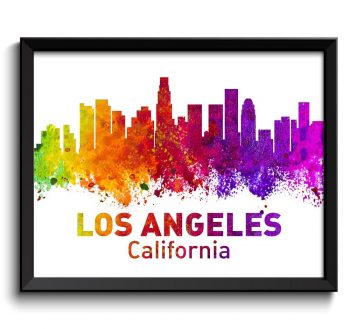 INSTANT DOWNLOAD Los Angeles Skyline California Colorful Watercolor Cityscape Poster Print Landscape Art Painting Red Purple Pink Yellow