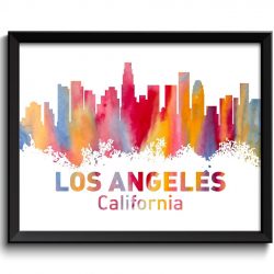 INSTANT DOWNLOAD Los Angeles Skyline Los Angeles California Wall Art Print Los Angeles Poster Pink Blue Orange Red Pink Watercolor Painting