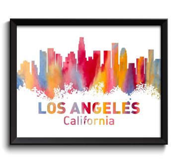 INSTANT DOWNLOAD Los Angeles Skyline Los Angeles California Wall Art Print Los Angeles Poster Pink Blue Orange Red Pink Watercolor Painting