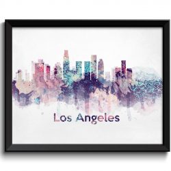 INSTANT DOWNLOAD Los Angeles Turquoise Blue Pink Purple Skyline California USA United States Cityscape Art Print Poster Watercolor Painting