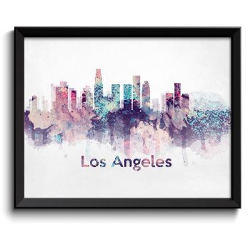 INSTANT DOWNLOAD Los Angeles Turquoise Blue Pink Purple Skyline California USA United States Cityscape Art Print Poster Watercolor Painting