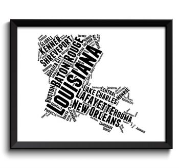 INSTANT DOWNLOAD Louisiana Map Typography Textography Text Word Cloud Black White Poster Print USA United States Modern Landscape Wall Art