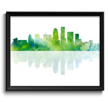 INSTANT DOWNLOAD Louisville Skyline Kentucky City Blue Lime Green Watercolor Cityscape Poster Print Modern Abstract Landscape Art Painting