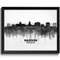 INSTANT DOWNLOAD Madison Skyline Wisconsin City Name USA United States Cityscape Art Print Poster Black White Grey Watercolor Painting