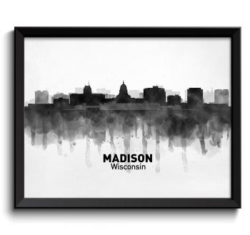 INSTANT DOWNLOAD Madison Skyline Wisconsin City Name USA United States Cityscape Art Print Poster Black White Grey Watercolor Painting