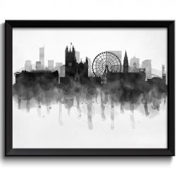 INSTANT DOWNLOAD Manchester Skyline England Europe Cityscape Art Print Poster Black White Grey Watercolor Painting