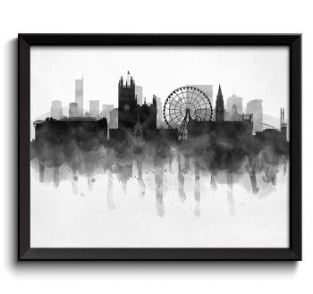 INSTANT DOWNLOAD Manchester Skyline England Europe Cityscape Art Print Poster Black White Grey Watercolor Painting