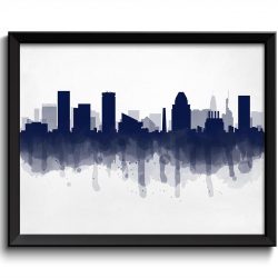 INSTANT DOWNLOAD Maryland Navy Blue Baltimore Skyline USA United States Cityscape Art Print Poster Watercolor Painting