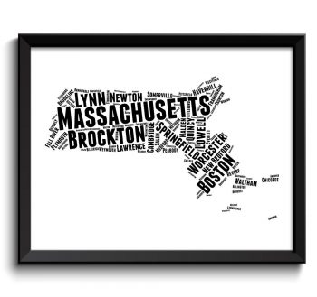 INSTANT DOWNLOAD Massachusetts Map Typography Print Text Word Cloud Black White Poster Print USA United States Modern Landscape Wall Art