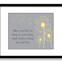 INSTANT DOWNLOAD May you live as long as you want Inspirational Quote Print Art Poster Text Yellow Grey Gray Dandelion Bathroom Wall Decor