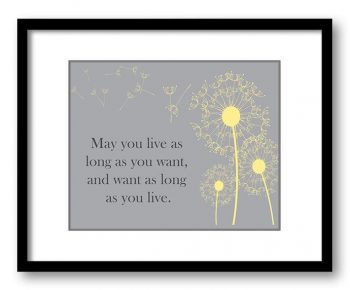 INSTANT DOWNLOAD May you live as long as you want Inspirational Quote Print Art Poster Text Yellow Grey Gray Dandelion Bathroom Wall Decor