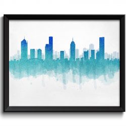 INSTANT DOWNLOAD Melbourne Skyline Australia Cityscape Art Print Poster Turquoise Navy Blue Watercolor Painting