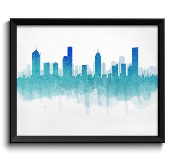 INSTANT DOWNLOAD Melbourne Skyline Australia Cityscape Art Print Poster Turquoise Navy Blue Watercolor Painting