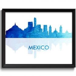 INSTANT DOWNLOAD Mexico City Skyline Navy Sky Blue Watercolor Painting Cityscape Poster Print Mexico South America Modern Landscape Art