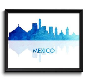 INSTANT DOWNLOAD Mexico City Skyline Navy Sky Blue Watercolor Painting Cityscape Poster Print Mexico South America Modern Landscape Art