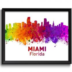 INSTANT DOWNLOAD Miami Skyline Florida City Colorful Watercolor Cityscape Poster Print Landscape Art Painting Red Purple Pink Yellow Green