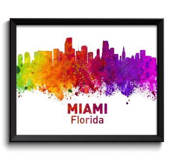 INSTANT DOWNLOAD Miami Skyline Florida City Colorful Watercolor Cityscape Poster Print Landscape Art Painting Red Purple Pink Yellow Green