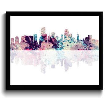 INSTANT DOWNLOAD Miami Skyline Florida City Sky Blue Pink Purple Watercolor Cityscape Poster Print Modern Abstract Landscape Art Painting