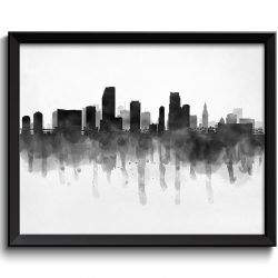 INSTANT DOWNLOAD Miami Skyline Florida USA United States Cityscape Art Print Poster Black White Grey Watercolor Painting