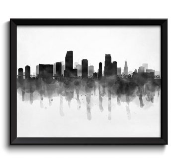 INSTANT DOWNLOAD Miami Skyline Florida USA United States Cityscape Art Print Poster Black White Grey Watercolor Painting