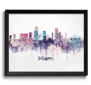 INSTANT DOWNLOAD Miami Skyline Florida USA United States Cityscape Art Print Poster Turquoise Blue Pink Purple Watercolor Painting