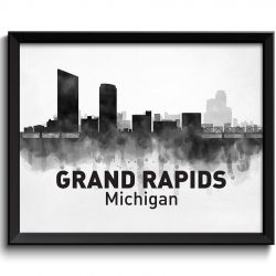 INSTANT DOWNLOAD Michigan Black White Grey Grand Rapids Skyline USA United States Cityscape Art Print Poster Watercolor Painting