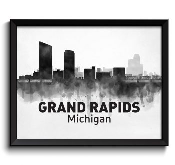 INSTANT DOWNLOAD Michigan Black White Grey Grand Rapids Skyline USA United States Cityscape Art Print Poster Watercolor Painting