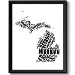 INSTANT DOWNLOAD Michigan Map State Text Word Watercolor Poster Print USA United States Modern Abstract Landscape Art Painting Black White