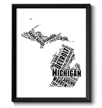 INSTANT DOWNLOAD Michigan Map State Text Word Watercolor Poster Print USA United States Modern Abstract Landscape Art Painting Black White