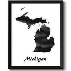 INSTANT DOWNLOAD Michigan Map State Watercolor Painting Poster Print USA United States Abstract Landscape Art Black White Grey