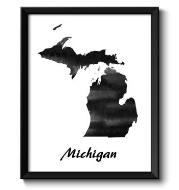 INSTANT DOWNLOAD Michigan Map State Watercolor Painting Poster Print USA United States Abstract Landscape Art Black White Grey